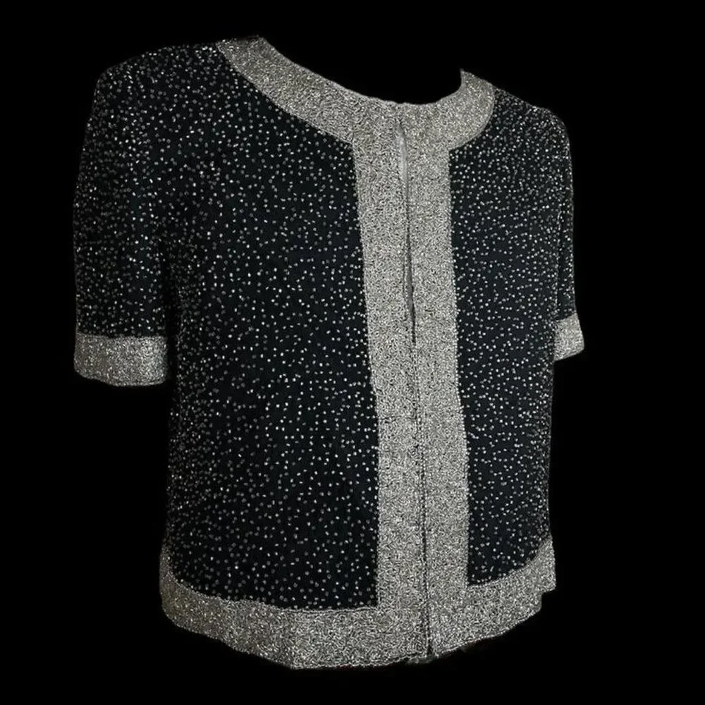 Beaded Blazer Vintage Sequin Bolero Jacket Short Sleeve Silk Coat - Picture 4 of 4